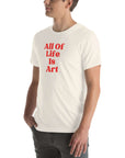 Side view of man wearing vintage white Milk Sandwich T-shirt with red All Of Life Is Art text, casual graphic tee with vintage-style typography.