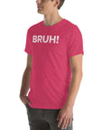 Unisex dark pink 'Bruh' Milk Sandwich T-shirt worn by a man, showcasing a laid-back style for casual outings.