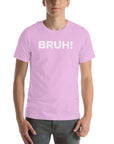 Unisex lilac 'Bruh' Milk Sandwich T-shirt with bold white text on a model, perfect for casual and carefree styles.