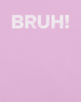 Close-up of lilac Milk Sandwich T-shirt with bold, cracked white text that says BRUH! minimalist and expressive streetwear graphic design.