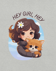 Cartoon girl hugging a cute dog with text Hey Girl, Hey on a athletic heather Milk Sandwich t-shirt.