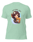 Heather Mint Milk Sandwich t-shirt with cartoon girl and dog under Hey Girl, Hey text.
