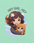 Cartoon girl hugging a cute dog with text Hey Girl, Hey on a mint Milk Sandwich t-shirt.