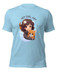 Ocean Blue Milk Sandwich t-shirt with cartoon girl and dog under Hey Girl, Hey text.