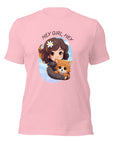 Pink Milk Sandwich t-shirt with cartoon girl and dog under Hey Girl, Hey text.