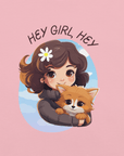 Cartoon girl hugging a cute dog with text Hey Girl, Hey on a pink Milk Sandwich t-shirt.