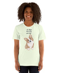 Unisex mint green Milk Sandwich T-shirt featuring the playful phrase "I'm High, Can I Pet Your Dog?" with a cute corgi illustration.