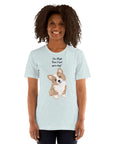 Woman wearing a light blue Milk Sandwich T-shirt with "I'm High, Can I pet your dog?" text and a cute corgi illustration.