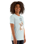 Unisex Milk Sandwich T-shirt with "I'm High, Can I Pet Your Dog" text and a cute corgi design, worn by a smiling model.