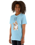 Unisex blue Milk Sandwich T-shirt with "I'm High, Can I Pet Your Dog?" text and a cute corgi illustration, perfect for dog lovers.