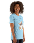 Unisex Milk Sandwich T-shirt featuring a cute corgi design with the phrase "I'm High, Can I Pet Your Dog?" displayed on a light blue background.