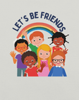 Close-up of a ash Milk Sandwich t-shirt with a colorful print showing six diverse cartoon children smiling and waving under a rainbow, with the text "LET'S BE FRIENDS" above them.