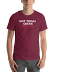 Side view of man wearing maroon Milk Sandwich T-shirt with Not Today Satan (But Friday Looks Open) in bold white and red text, humorous graphic tee.