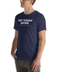 Side view of man wearing navy Milk Sandwich T-shirt with Not Today Satan (But Friday Looks Open) in bold white and red text, humorous graphic tee.