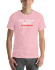 Man wearing pink Milk Sandwich T-shirt with bold white and red text reading Not Today Satan (But Friday Looks Open), funny slogan tee on white background.