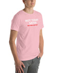 Angled view of man wearing pink Milk Sandwich T-shirt with Not Today Satan (But Friday Looks Open) in bold white and red text, sarcastic slogan tee.