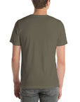 Back view of a person wearing a plain army Milk Sandwich t-shirt with no visible design.