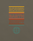Close-up of a Milk Sandwich army t-shirt featuring a colorful retro-style graphic with the words ROUND EARTH SOCIETY in yellow, orange, and red stripes above a teal globe icon.