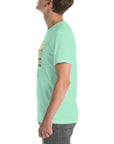 Angled side view of a person wearing a mint Milk Sandwich t-shirt with a colorful "Round Earth Society" graphic design.