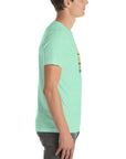 Side profile of a person wearing a mint Milk Sandwich t-shirt featuring a vertical "Round Earth Society" graphic design on the front.