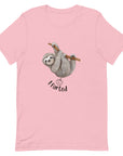 Pink Milk Sandwich t-shirt featuring a cute cartoon sloth hanging from a branch above the playful phrase I farted with a small illustrated puff cloud.