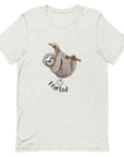Man wearing a silver Milk Sandwich t-shirt with a smiling cartoon sloth hanging from a branch and the humorous phrase I farted below a small illustrated puff cloud.