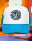 Fun Mr. Friend foam trucker hat featuring colorful logo, perfect for playful outfits and sunny days.