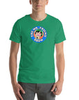 Man wearing a green t-shirt featuring 'The Mr. Friend Show' logo with a colorful illustrated portrait and retro-style typography