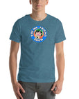 Man wearing a blue t-shirt featuring 'The Mr. Friend Show' logo with a colorful illustrated portrait and retro-style typography