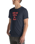 Side view of man wearing heather navy Milk Sandwich T-shirt with red All Of Life Is Art text, casual graphic tee with vintage-style typography.