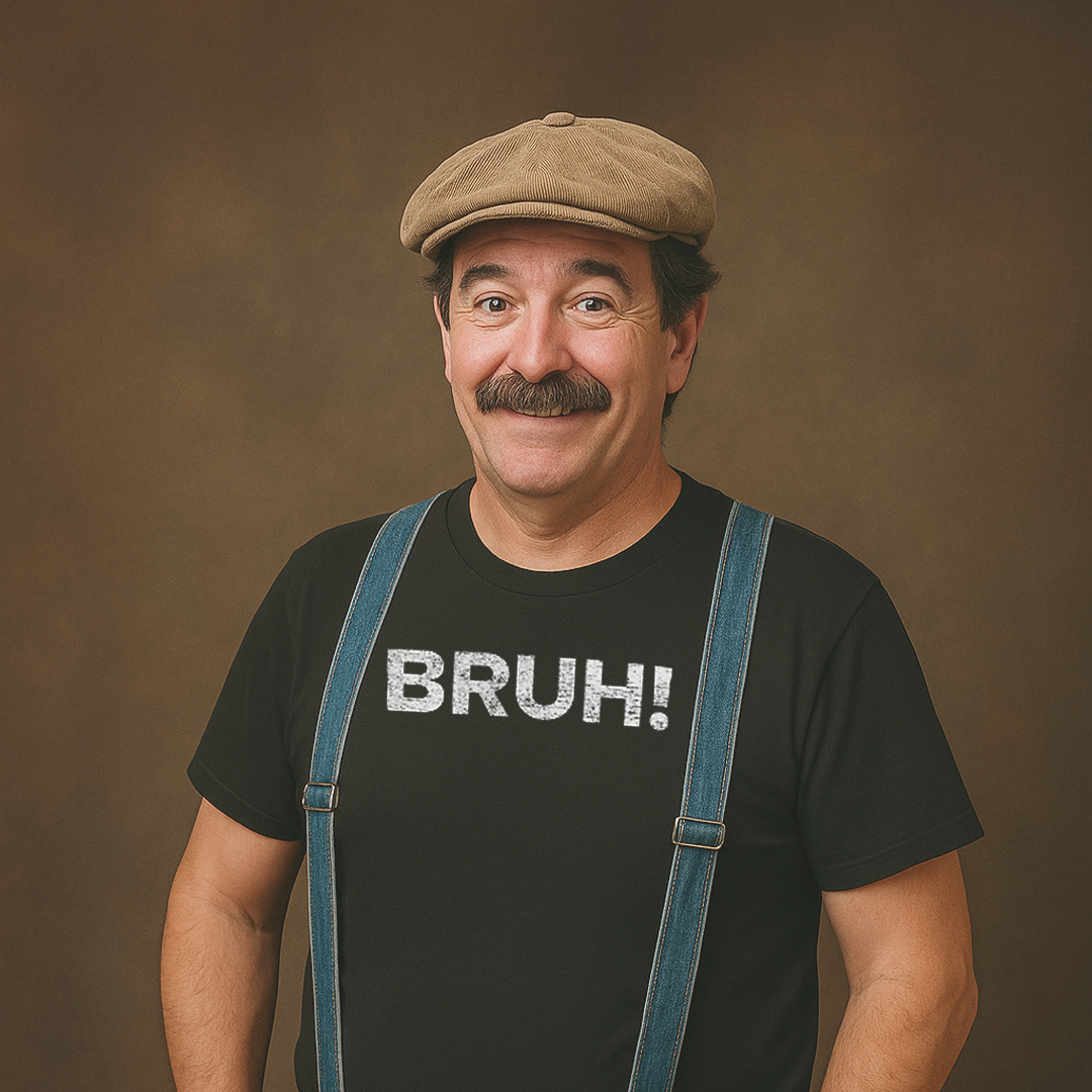 Smiling man with mustache wearing flat cap and denim suspenders, modeling a black Milk Sandwich T-shirt with distressed white text that reads BRUH! humorous retro-style graphic tee.