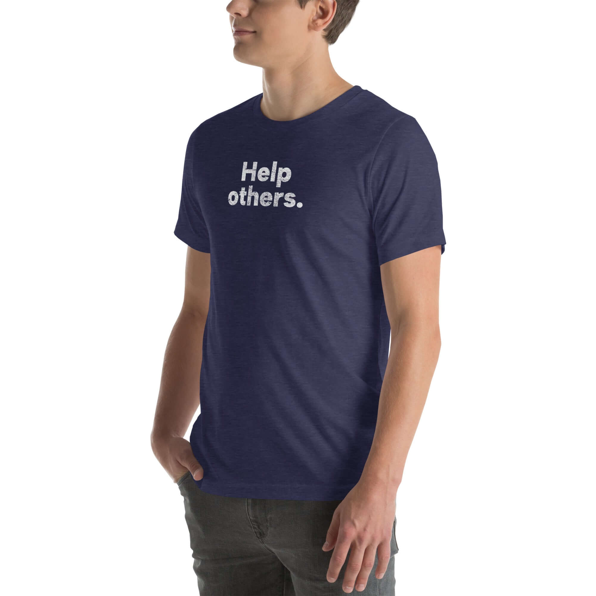 Side view of man wearing heather midnight navy Milk Sandwich T-shirt with distressed white Help others text, casual unisex message tee with minimalist design.