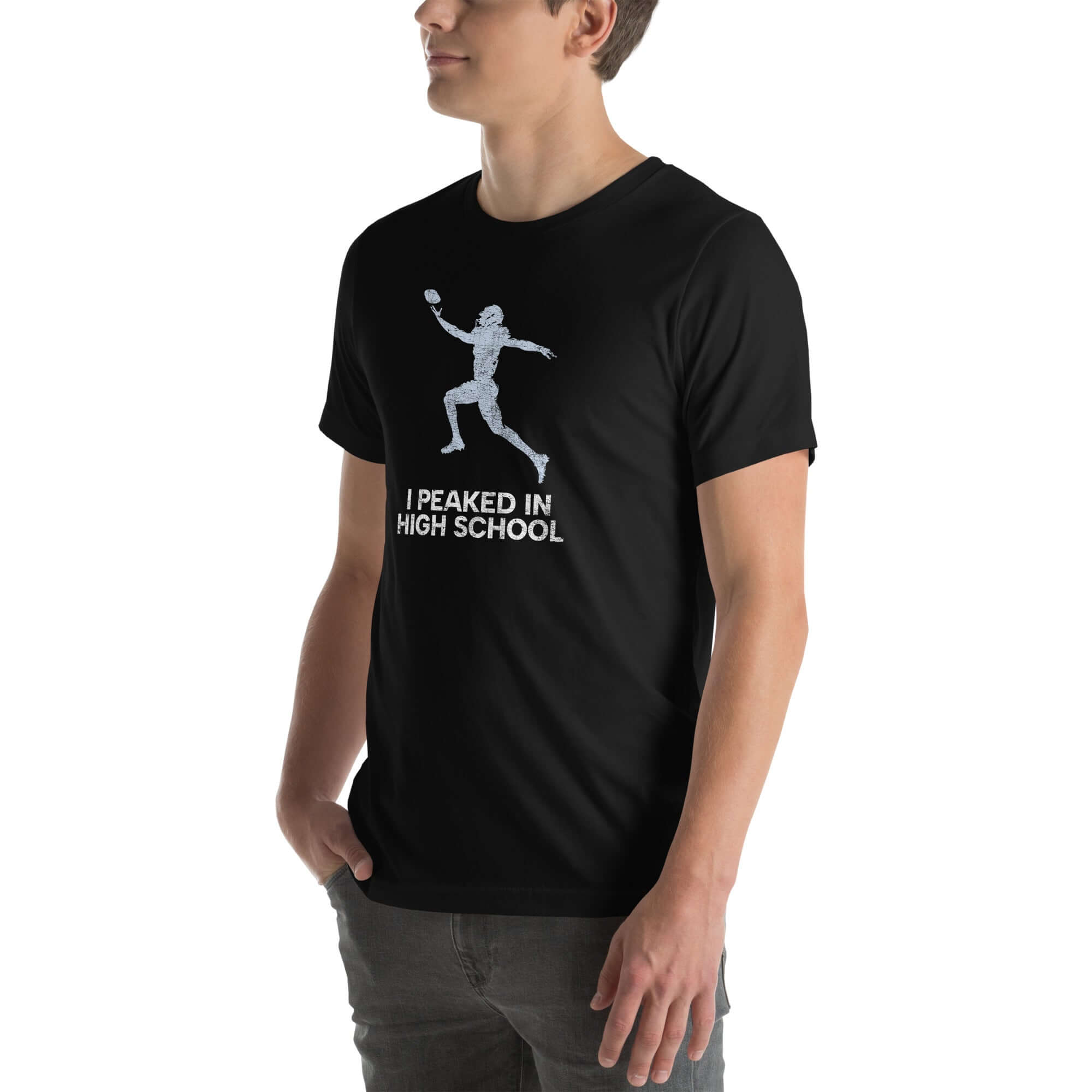 Unisex Milk Sandwich T-shirt featuring &quot;I Peaked In High School&quot; graphic, perfect for sports fans and tailgating events.