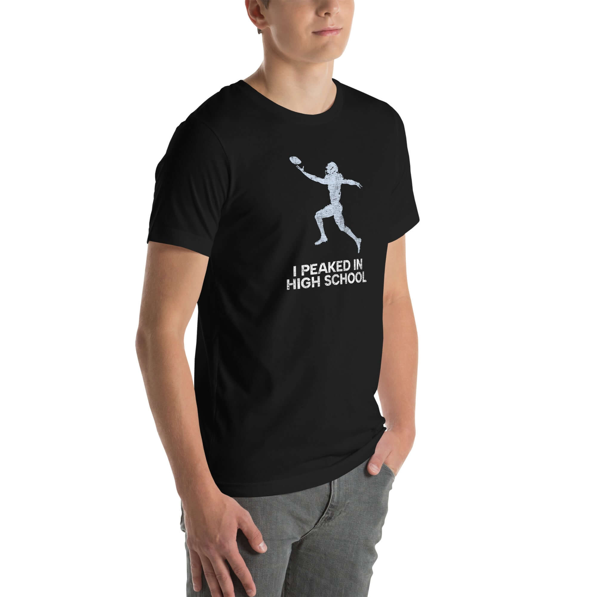 Casual unisex Milk Sandwich T-shirt featuring &quot;I Peaked In High School&quot; design, perfect for sports fans and nostalgic moments.
