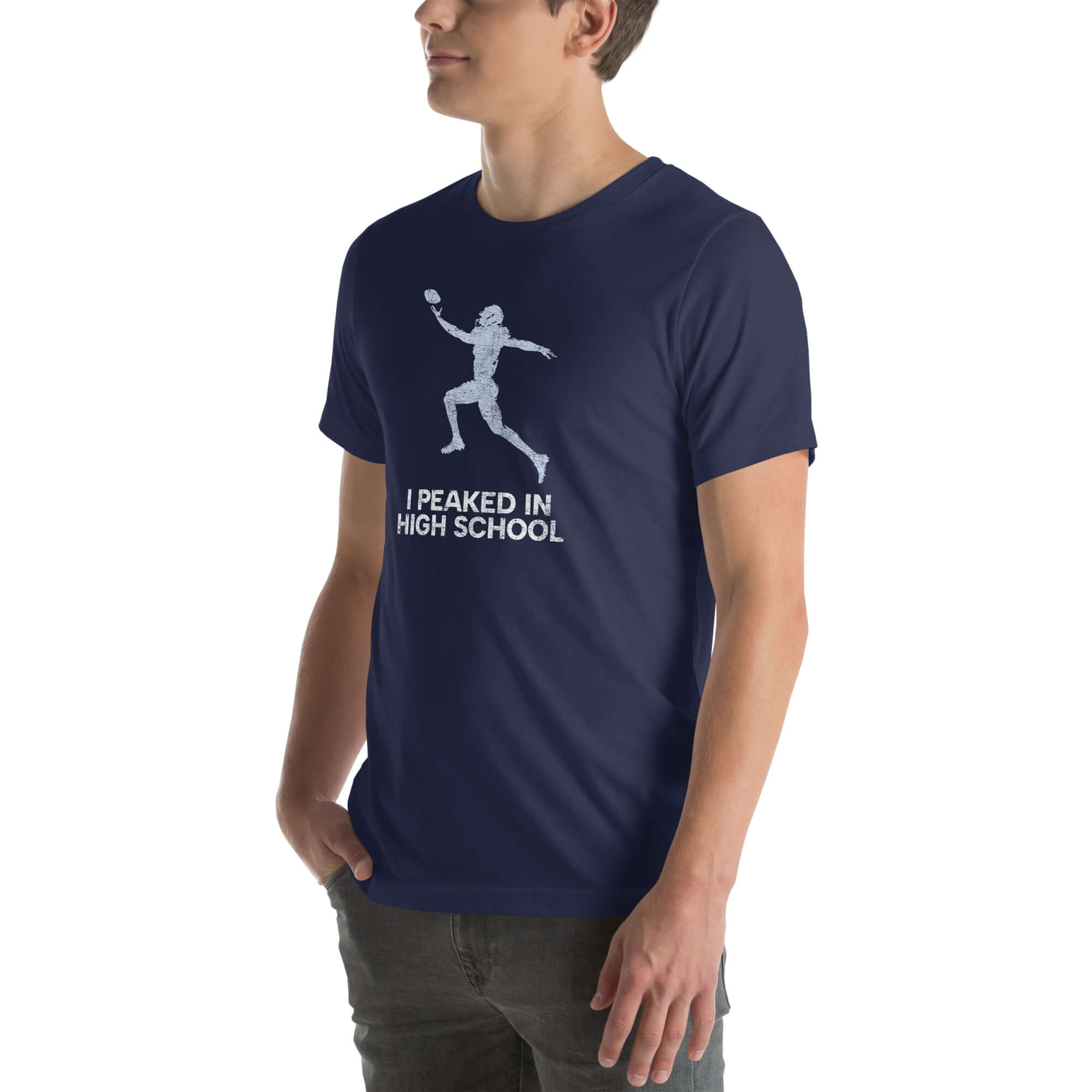 Unisex navy Milk Sandwich T-shirt featuring &quot;I Peaked in High School&quot; graphic, perfect for sports fans and nostalgic moments.