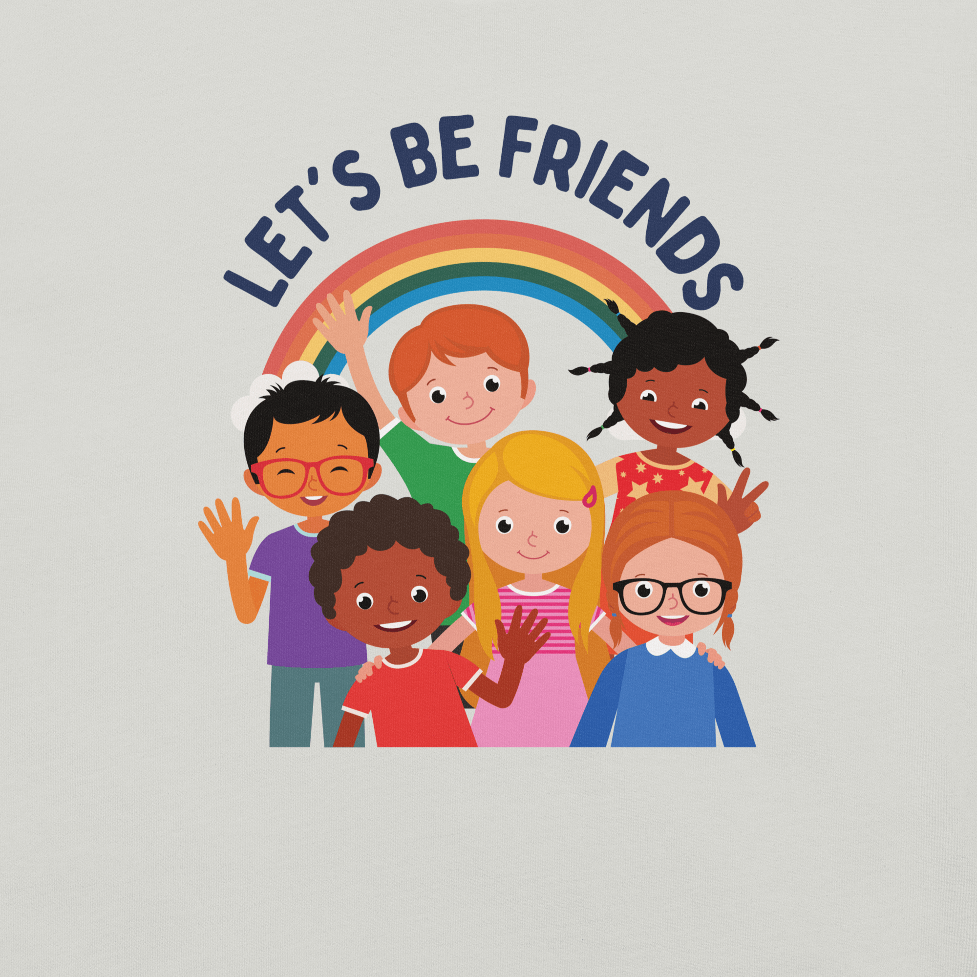 Close-up of a ash Milk Sandwich t-shirt with a colorful print showing six diverse cartoon children smiling and waving under a rainbow, with the text &quot;LET&#39;S BE FRIENDS&quot; above them.