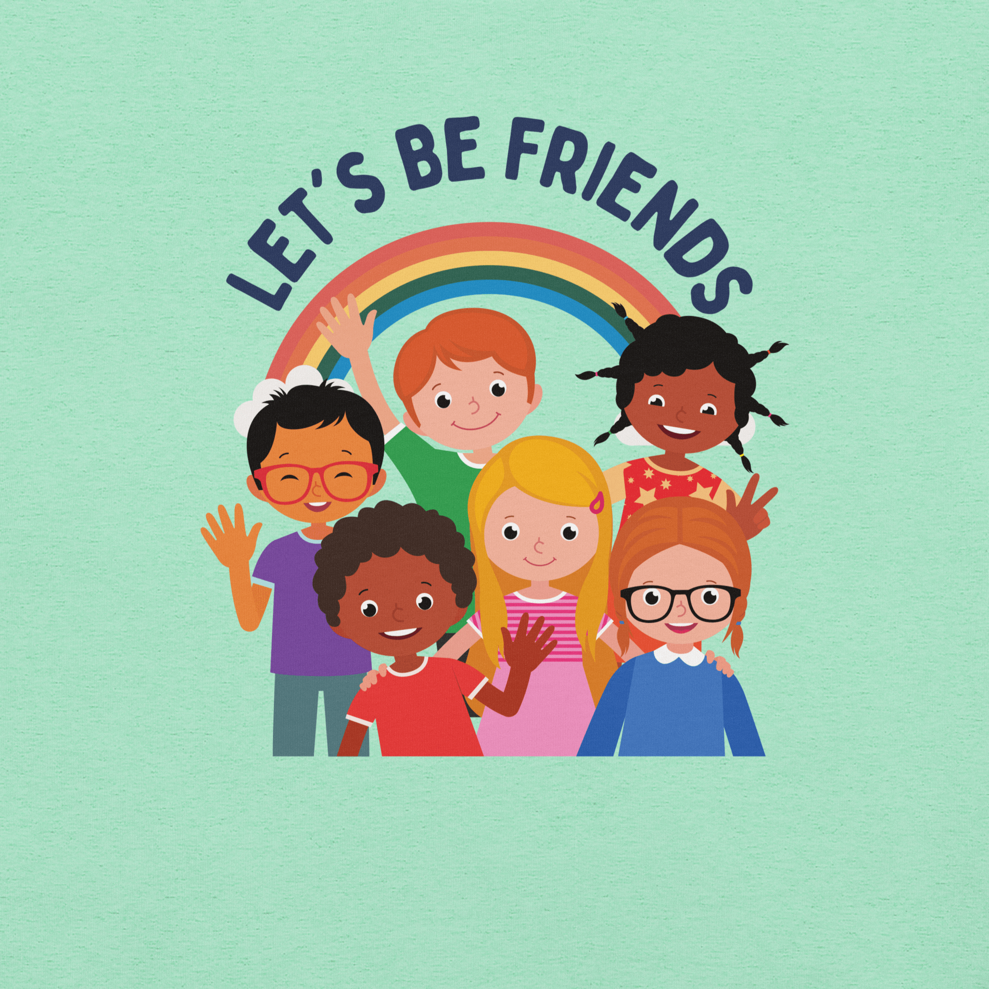 Close-up of a mint Milk Sandwich t-shirt with a colorful print showing six diverse cartoon children smiling and waving under a rainbow, with the text &quot;LET&#39;S BE FRIENDS&quot; above them.