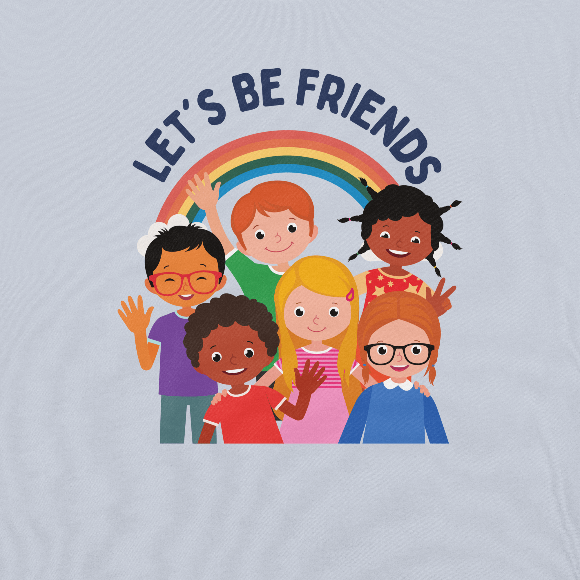 Close-up of a light blue Milk Sandwich t-shirt with a colorful print showing six diverse cartoon children smiling and waving under a rainbow, with the text &quot;LET&#39;S BE FRIENDS&quot; above them.