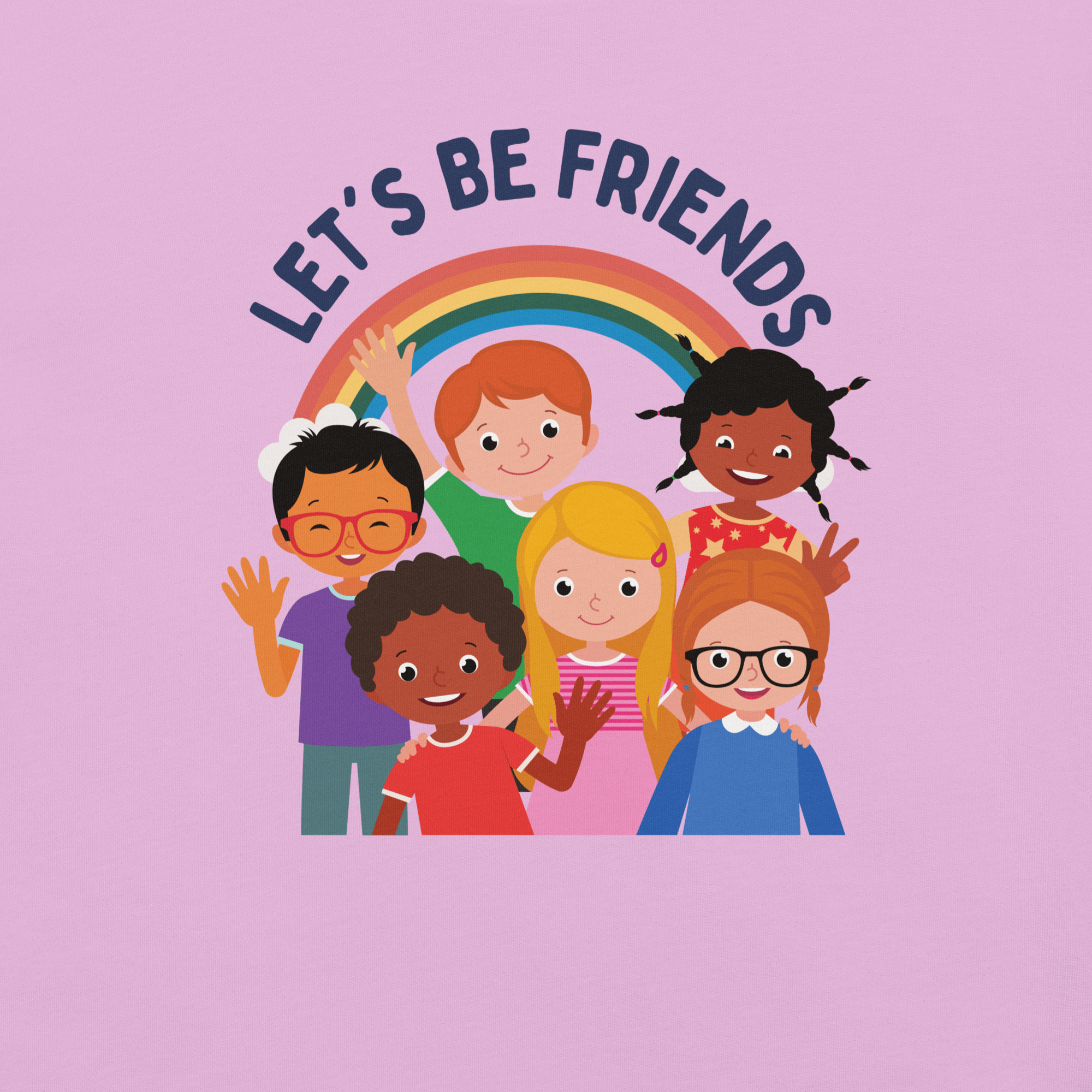 Close-up of a lilac Milk Sandwich t-shirt with a colorful print showing six diverse cartoon children smiling and waving under a rainbow, with the text &quot;LET&#39;S BE FRIENDS&quot; above them.