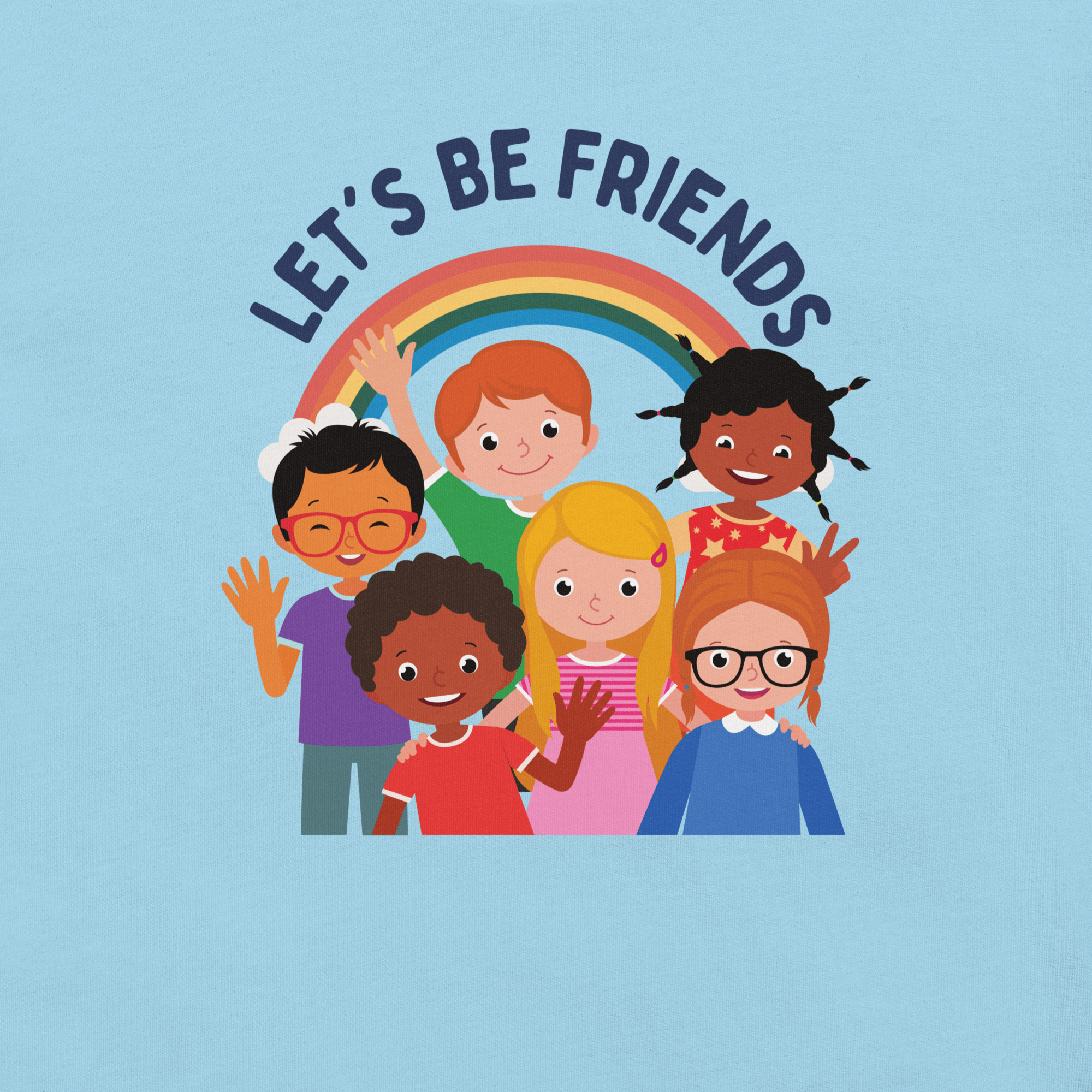 Close-up of a ocean blue Milk Sandwich t-shirt with a colorful print showing six diverse cartoon children smiling and waving under a rainbow, with the text &quot;LET&#39;S BE FRIENDS&quot; above them.