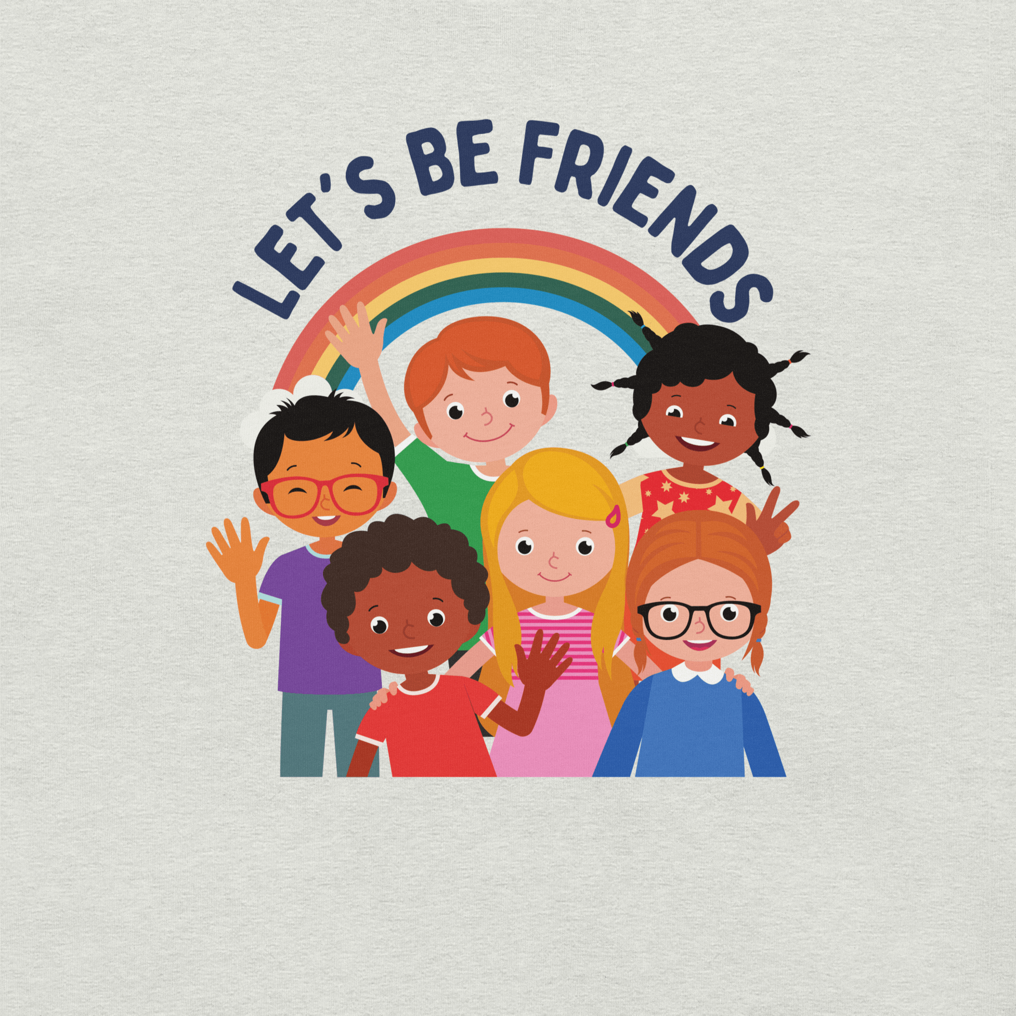 Close-up of a silver Milk Sandwich t-shirt with a colorful print showing six diverse cartoon children smiling and waving under a rainbow, with the text &quot;LET&#39;S BE FRIENDS&quot; above them.