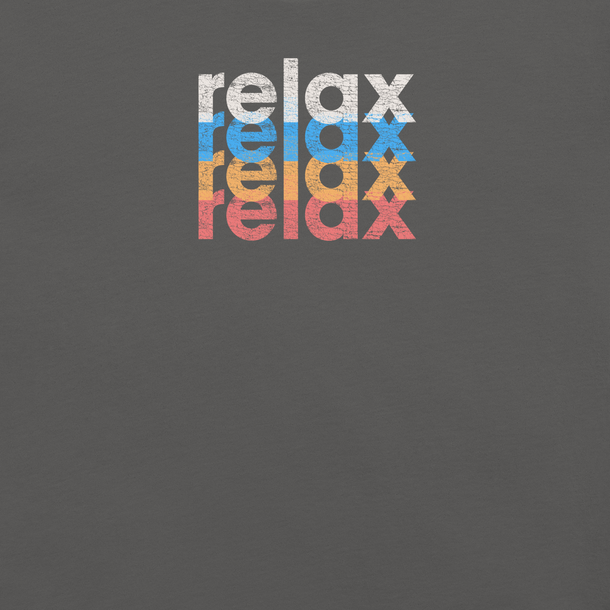 Close-up of a Milk Sandwich t-shirt featuring a stacked and mirrored relax text design in distressed white, blue, orange, and pink colors on asphalt fabric.