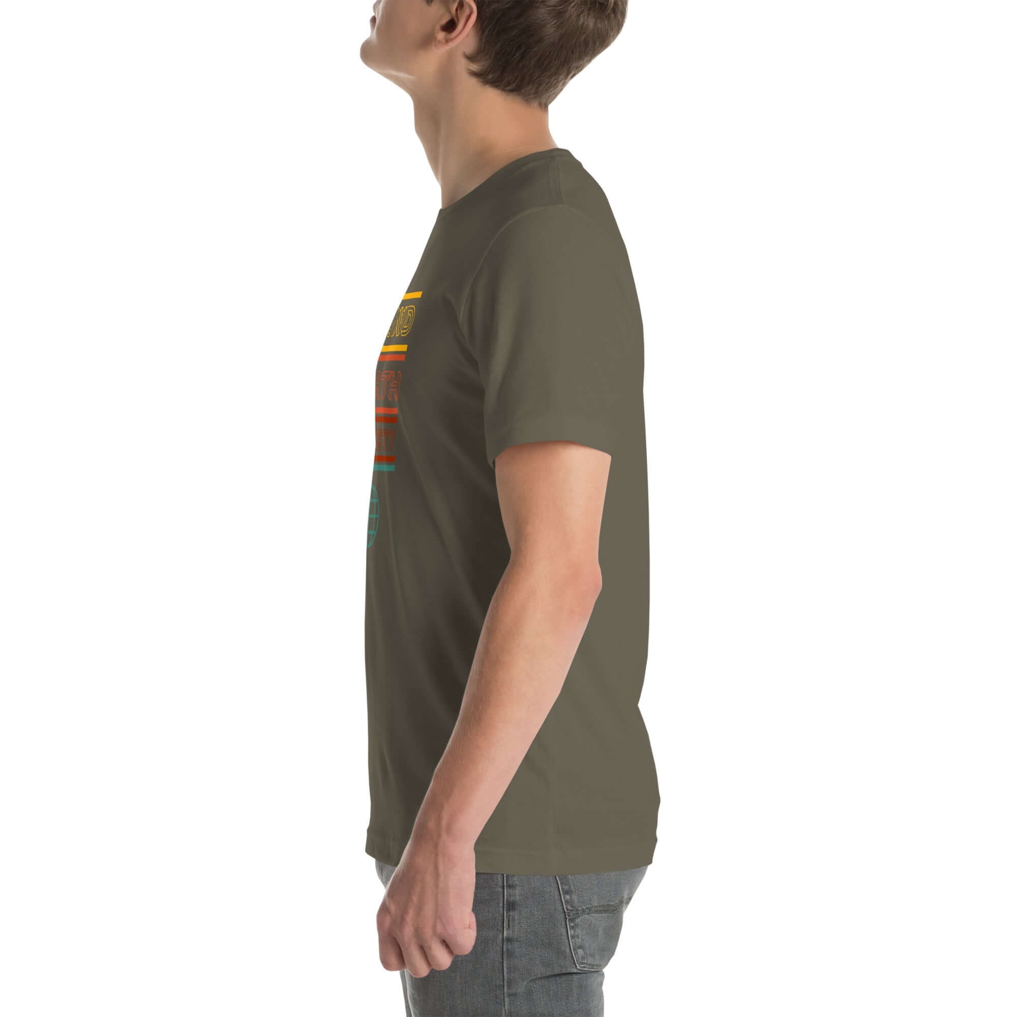 Angled side view of a person wearing a army Milk Sandwich t-shirt with a colorful &quot;Round Earth Society&quot; graphic design.