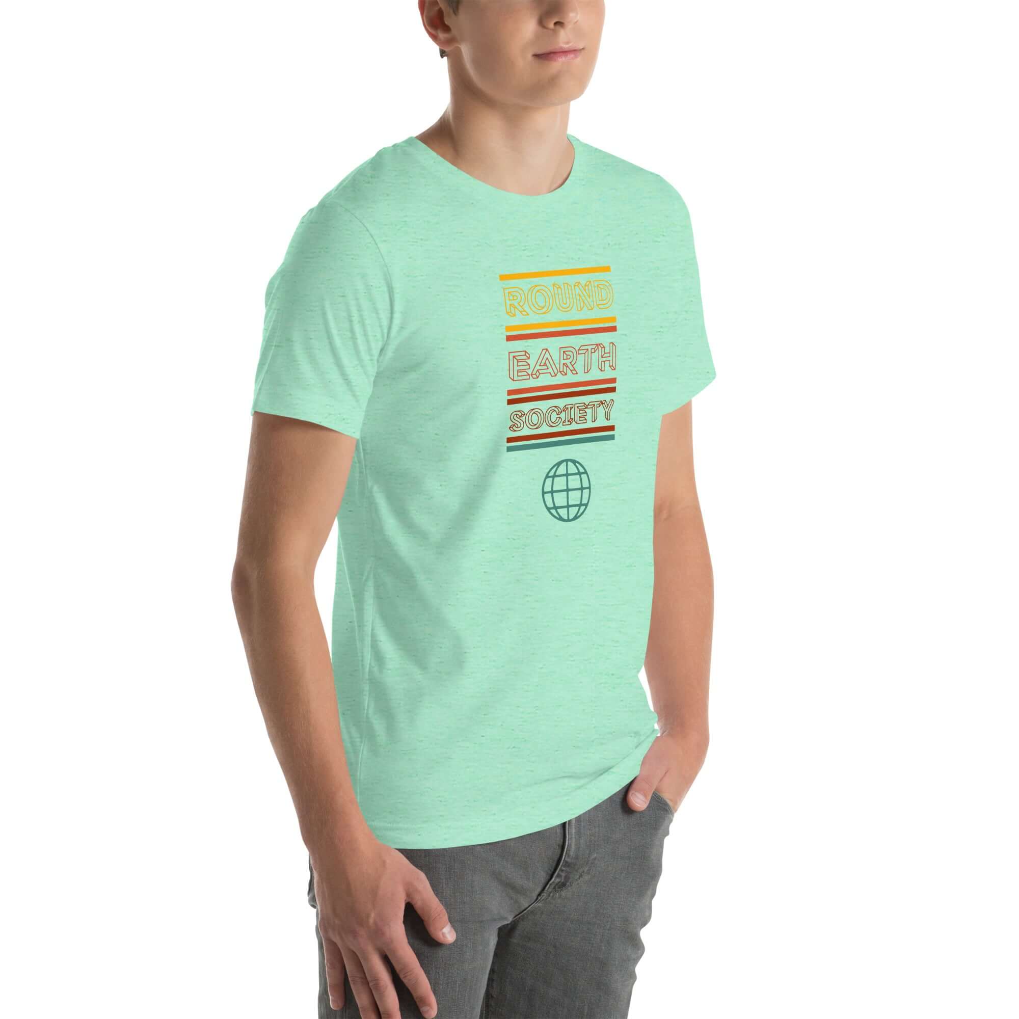 Man wearing a mint Milk Sandwich t-shirt with a colorful &quot;Round Earth Society&quot; graphic printed vertically on the front.