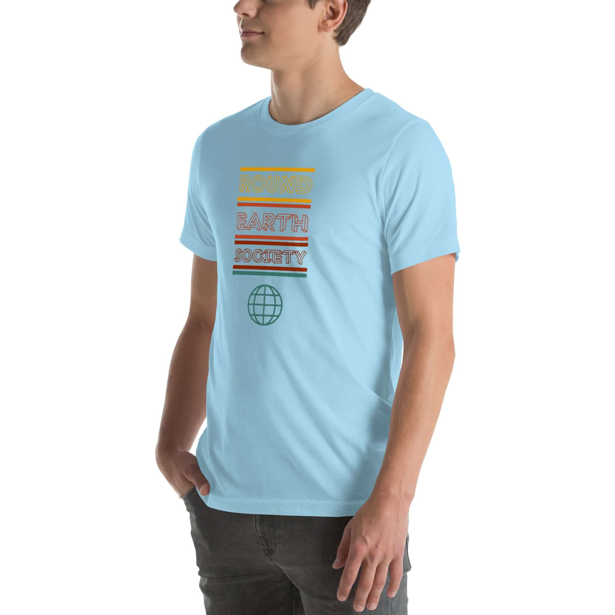 Angled side view of a person wearing a ocean blue Milk Sandwich t-shirt with a colorful &quot;Round Earth Society&quot; graphic design.