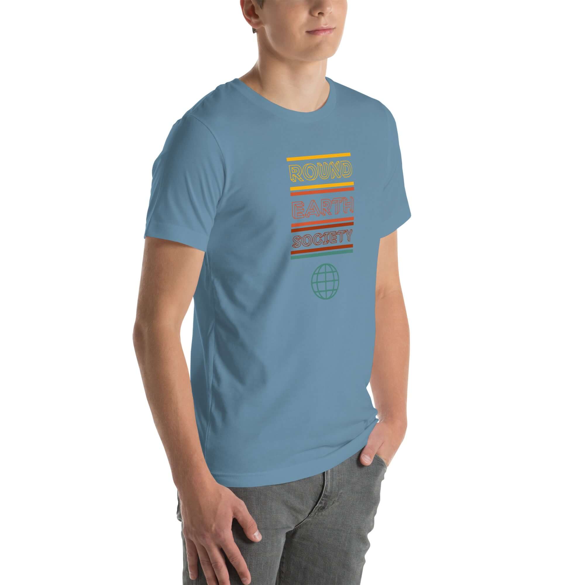Man wearing a steel blue Milk Sandwich t-shirt with a colorful &quot;Round Earth Society&quot; graphic printed vertically on the front.
