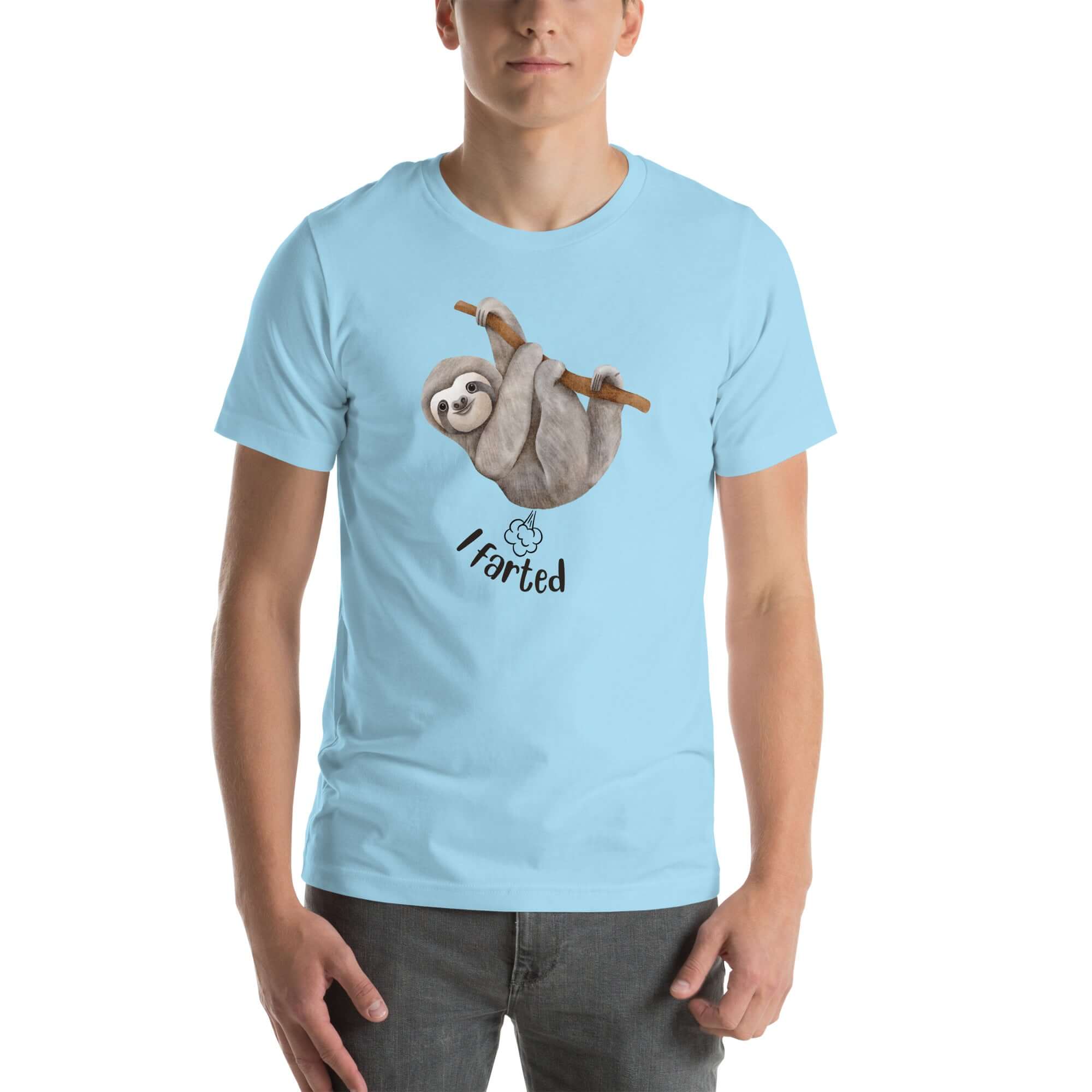 Man wearing a light blue Milk Sandwich t-shirt with a smiling cartoon sloth hanging from a branch and the humorous phrase I farted below a small illustrated puff cloud.