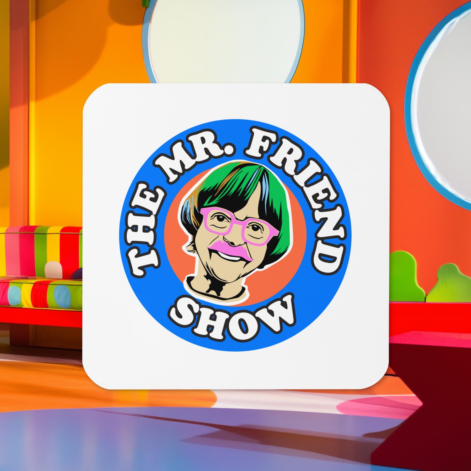 Mr. Friend Show logo featuring a colorful design with a cheerful character illustration, perfect for playful spaces.