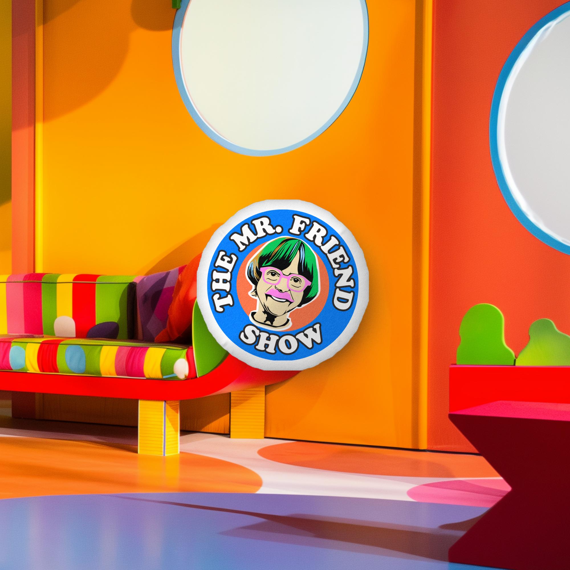 Colorful Mr. Friend Show logo in a vibrant, playful setting with a striped couch. Perfect for playful decor!