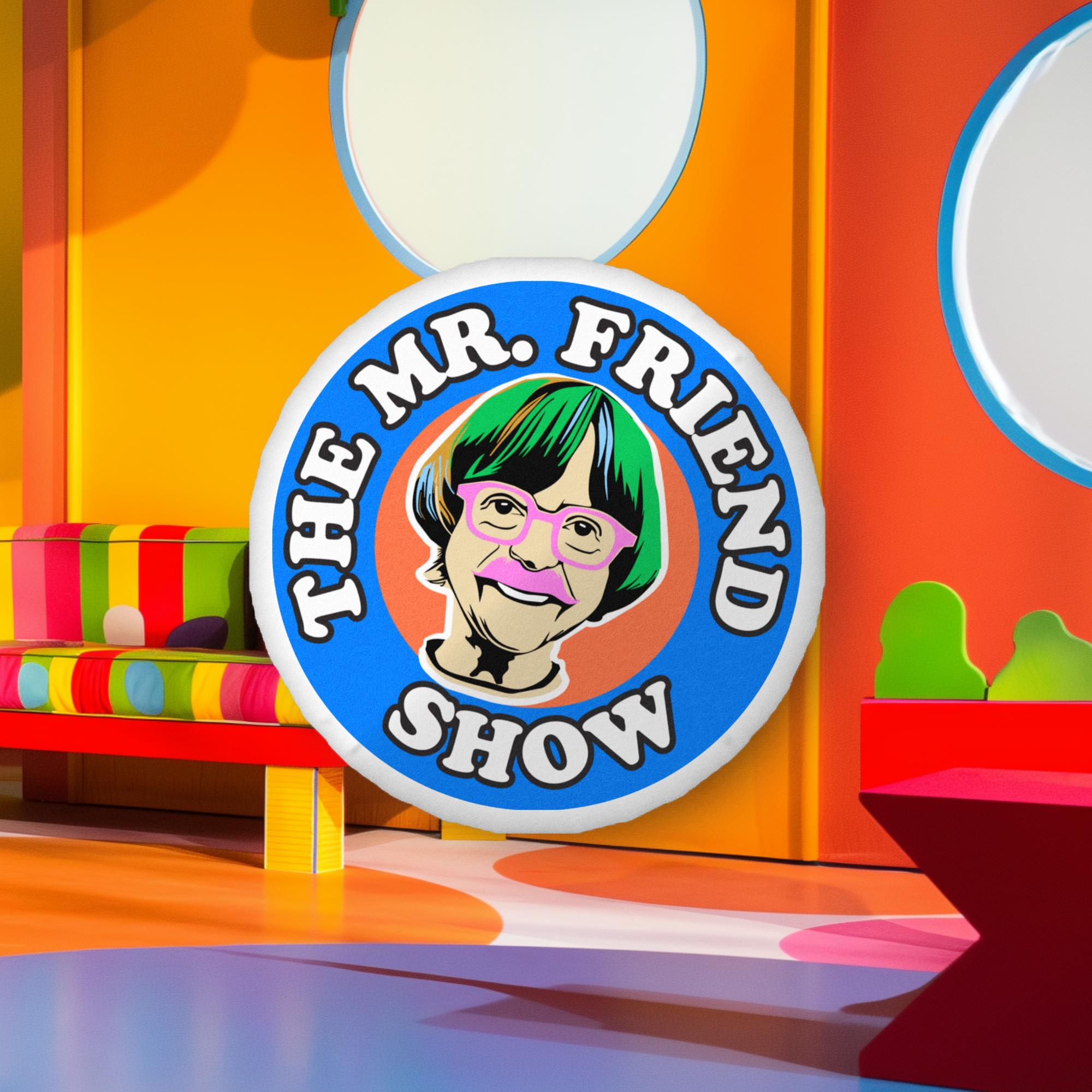 Colorful logo of "The Mr. Friend Show" featuring a character with glasses and green hair in a playful setting.